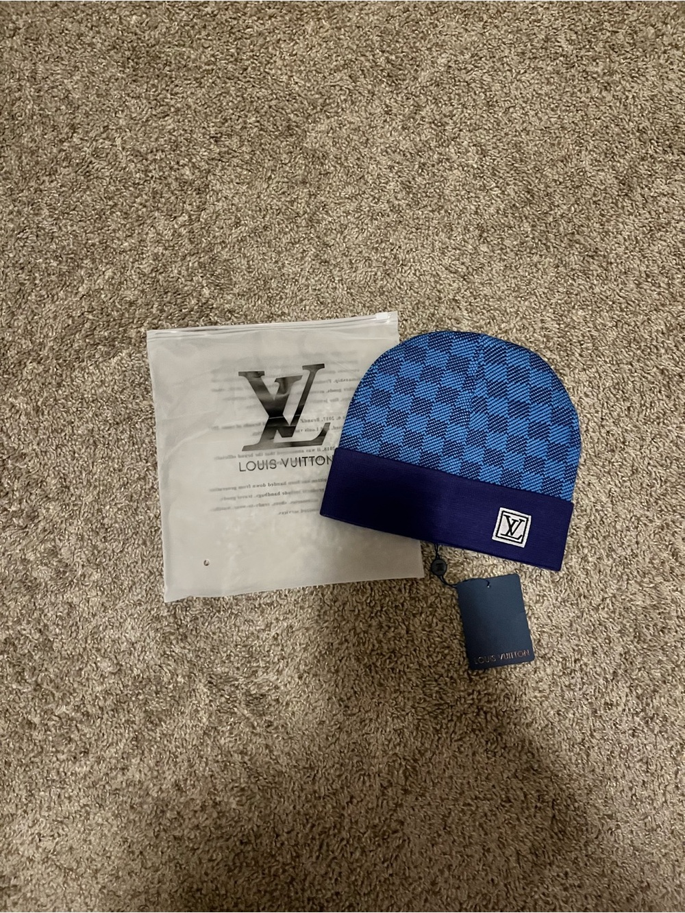 Louis Vuitton Men’s Blue Checker Knit Beanie with Navy Cuff